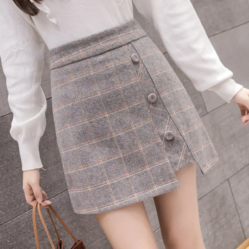 Plaid Irregular Woolen Short Skirt