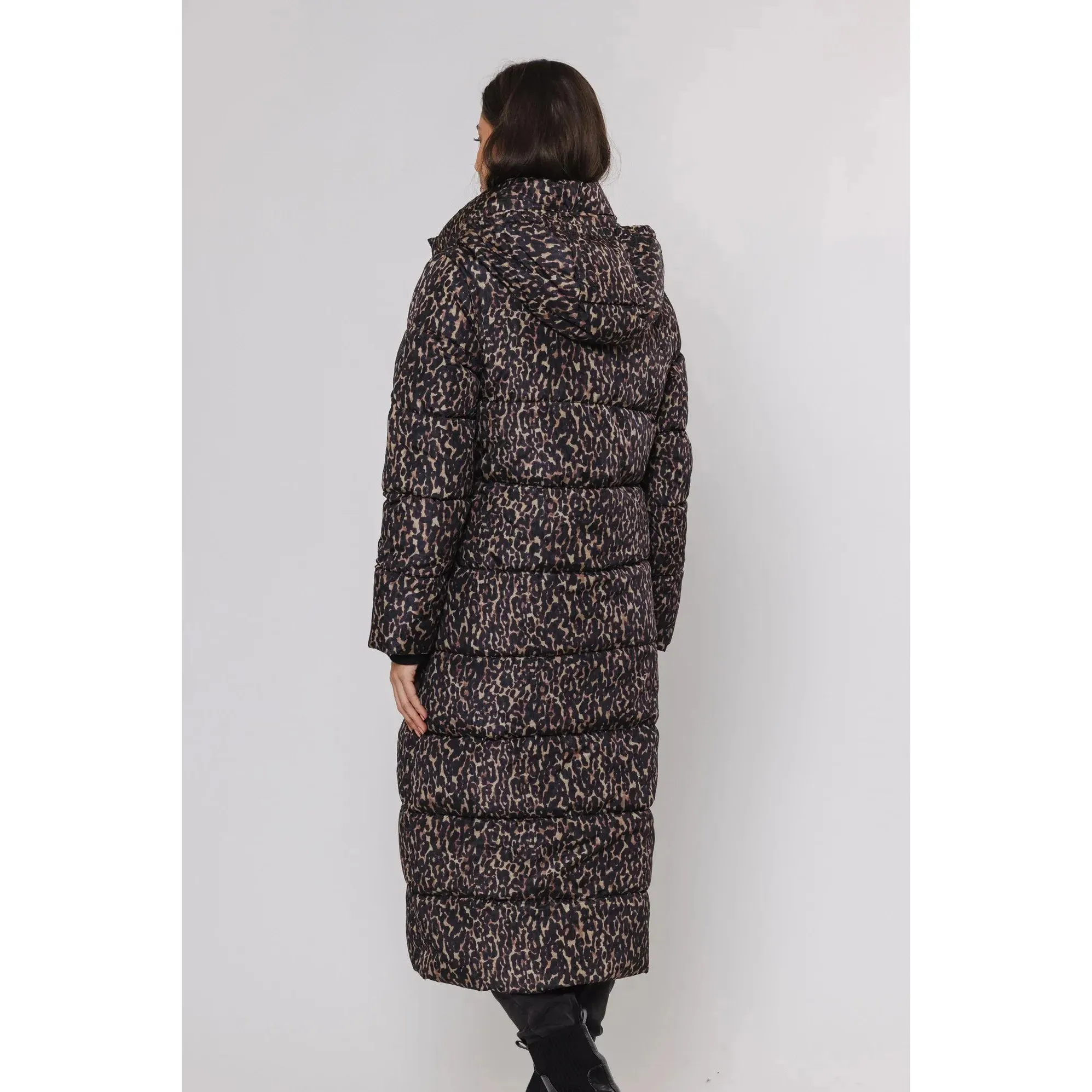 Roza Midi Length Printed Coat with Hood Leopard