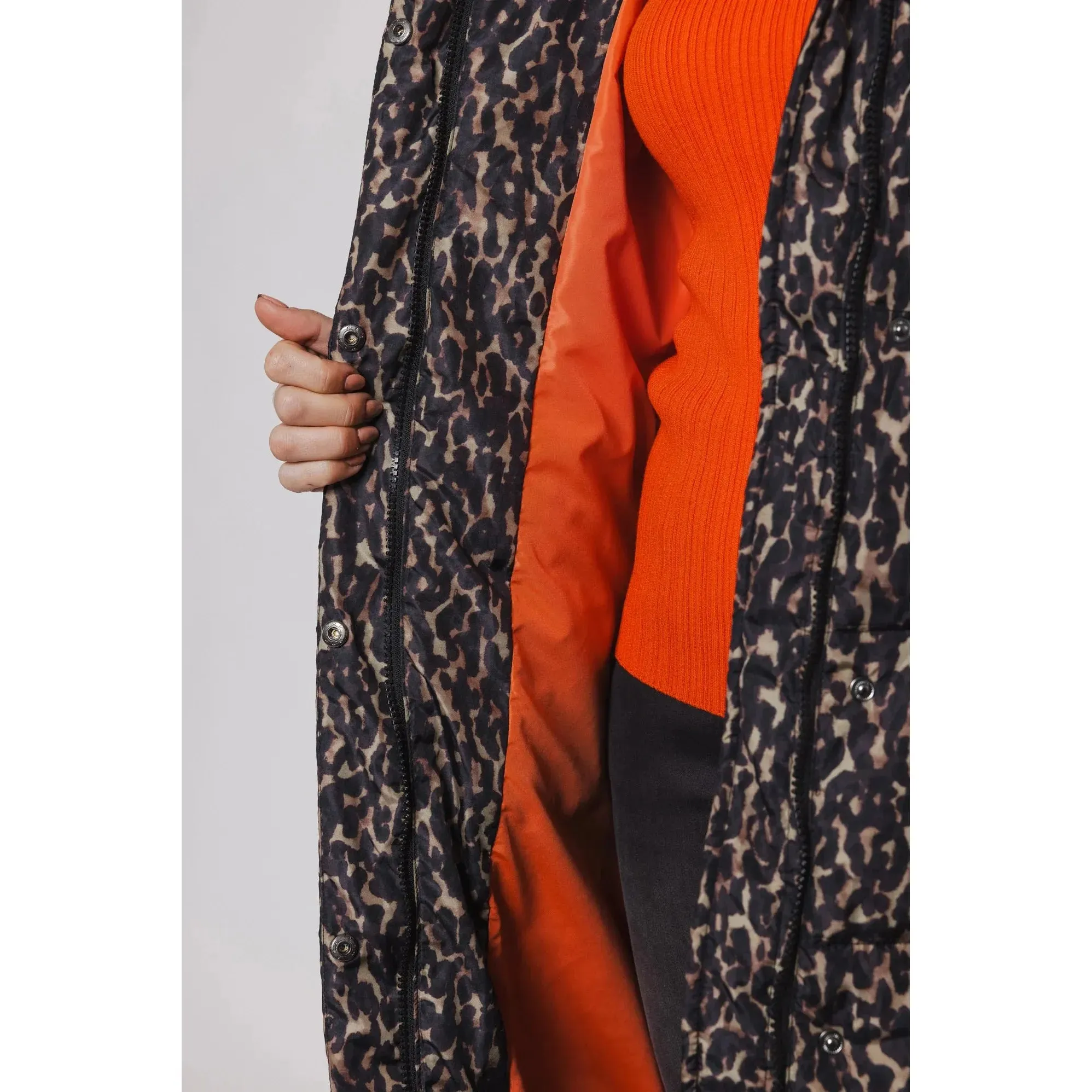 Roza Midi Length Printed Coat with Hood Leopard