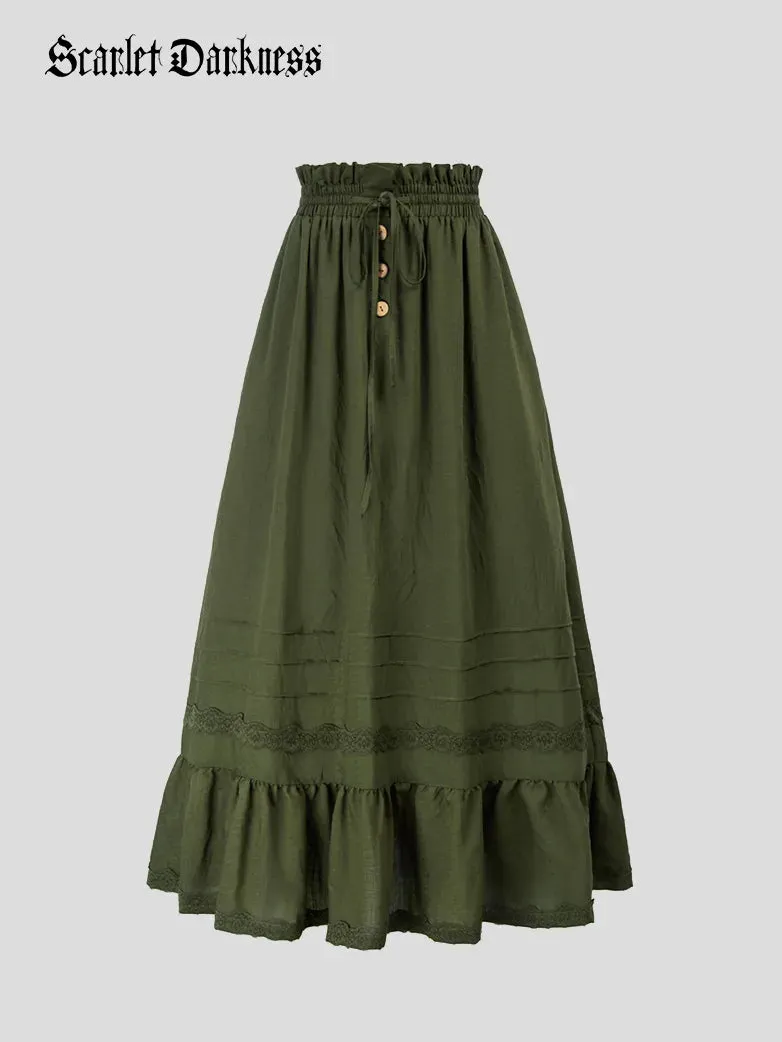 Ruffled Hem Maxi Skirt Elastic Drawstring Waist Skirt