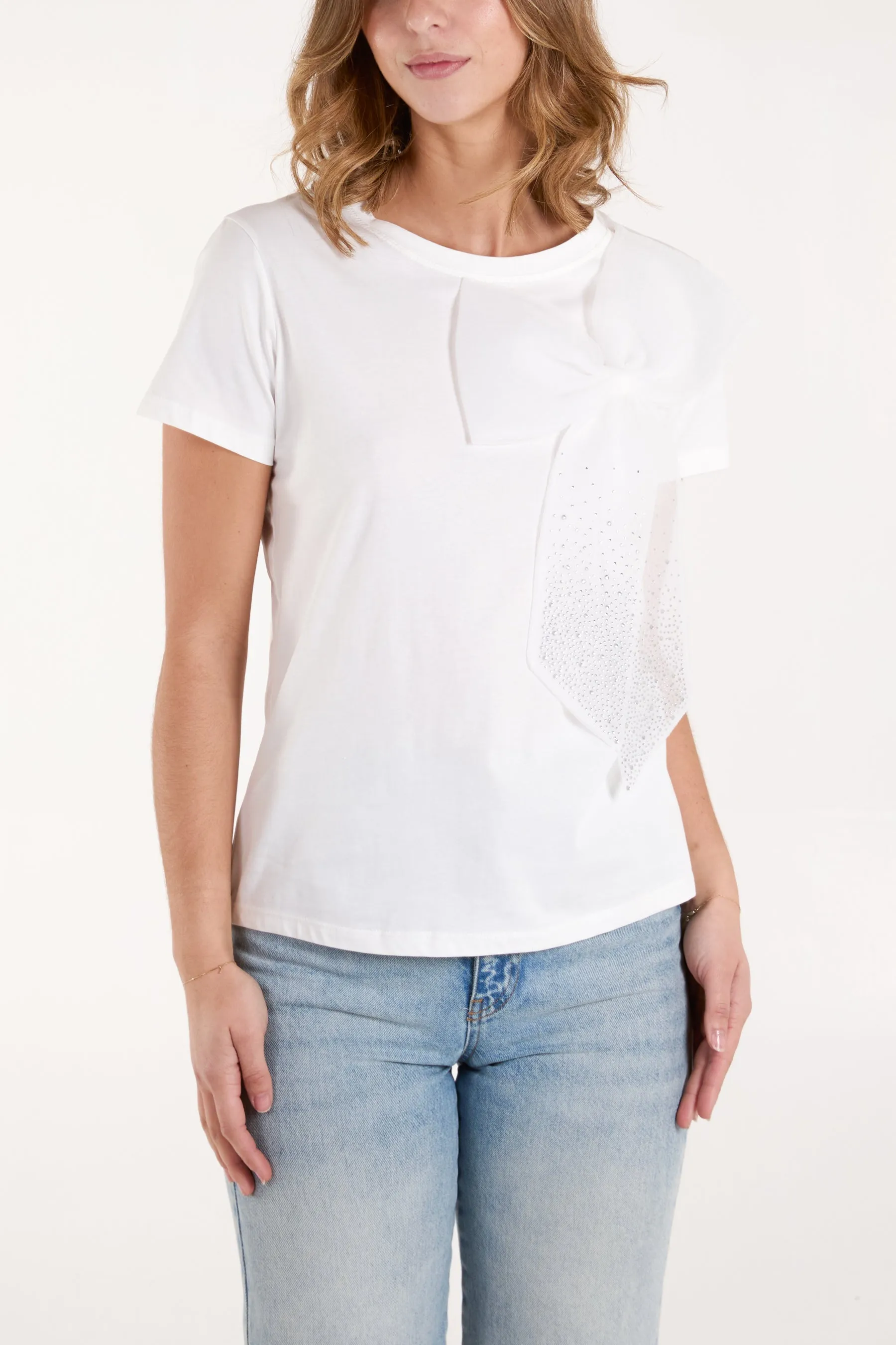 Sarah Embellished Bow T Shirt White