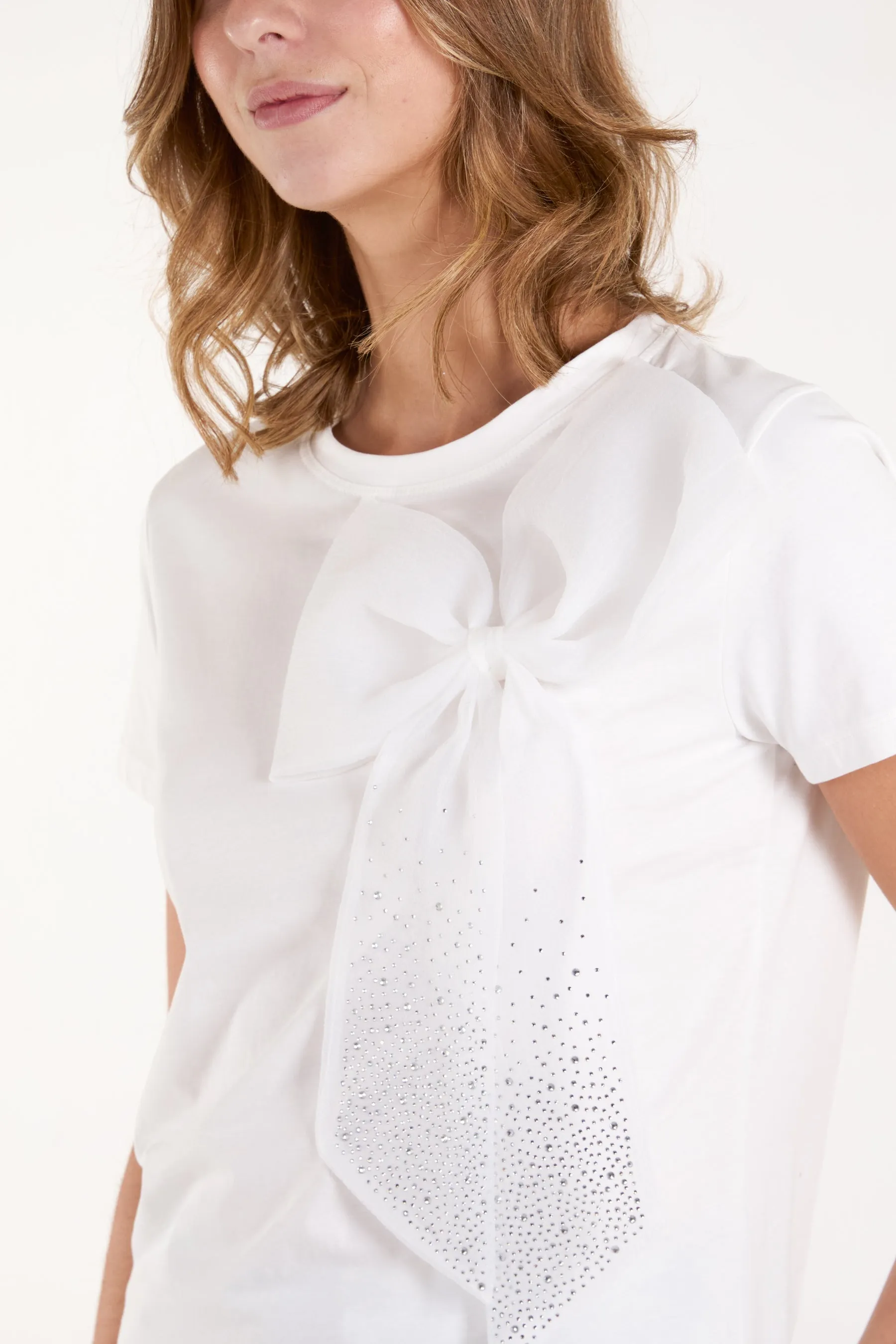 Sarah Embellished Bow T Shirt White