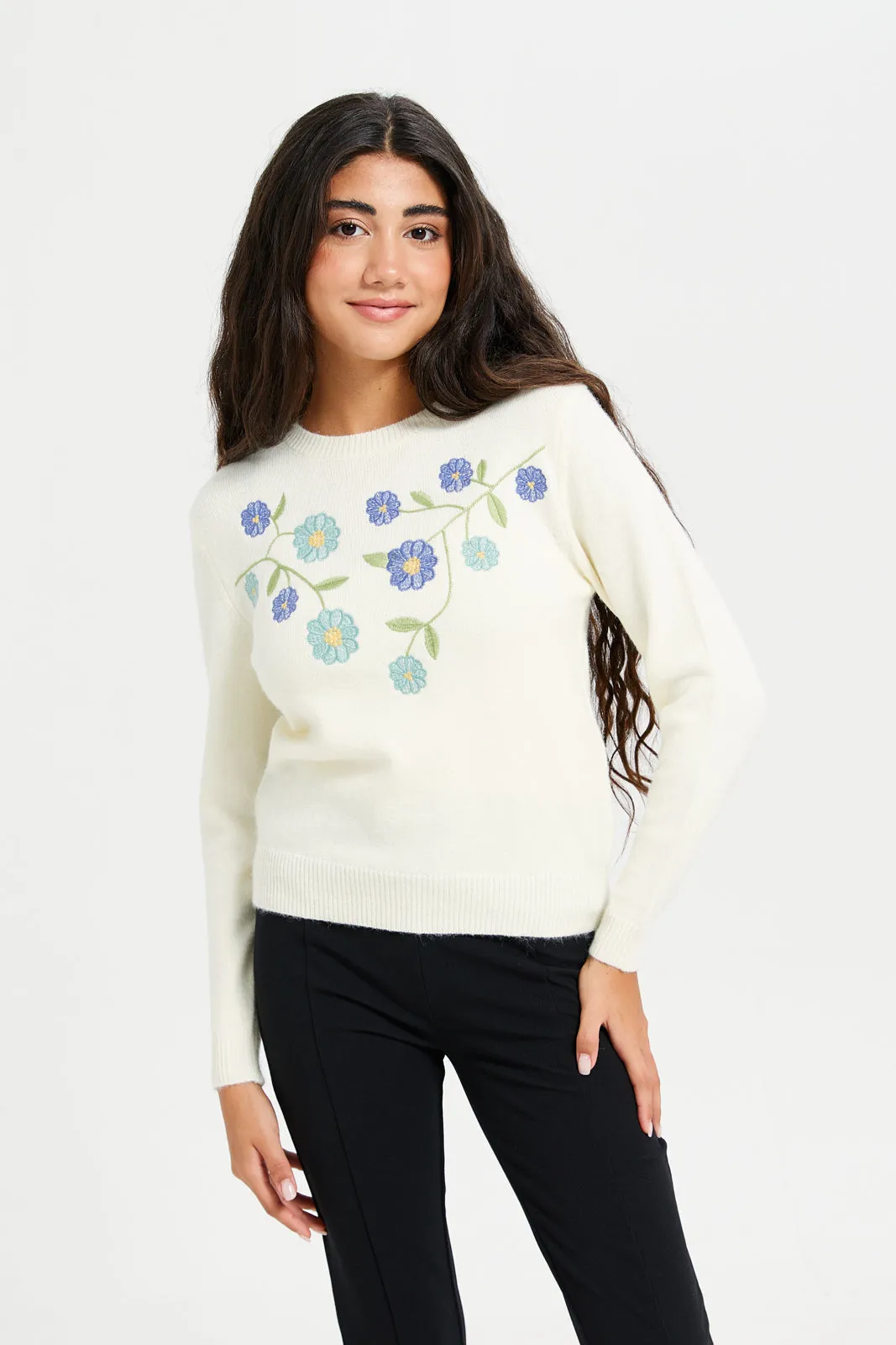 Senior Girls White Embroidered Pullover