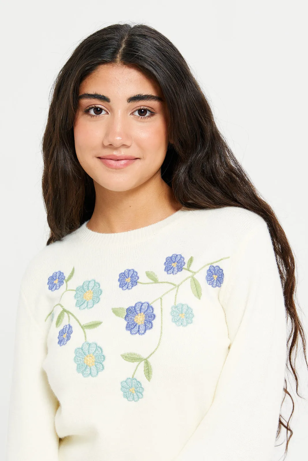 Senior Girls White Embroidered Pullover