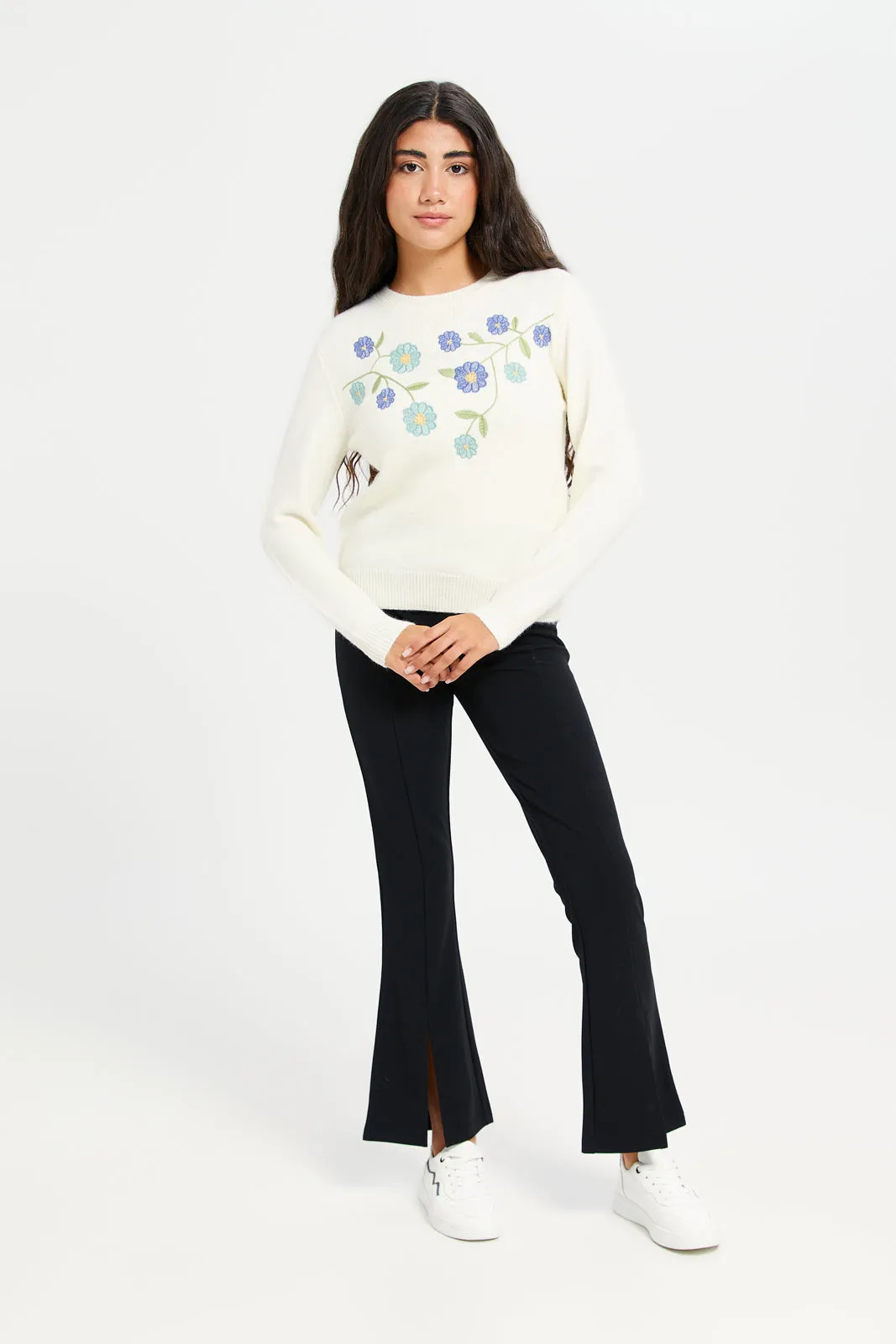 Senior Girls White Embroidered Pullover