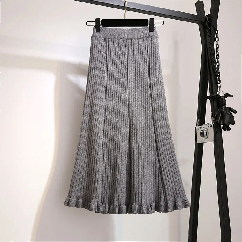 Thick Knitted Mid-Length High Waist Skirt