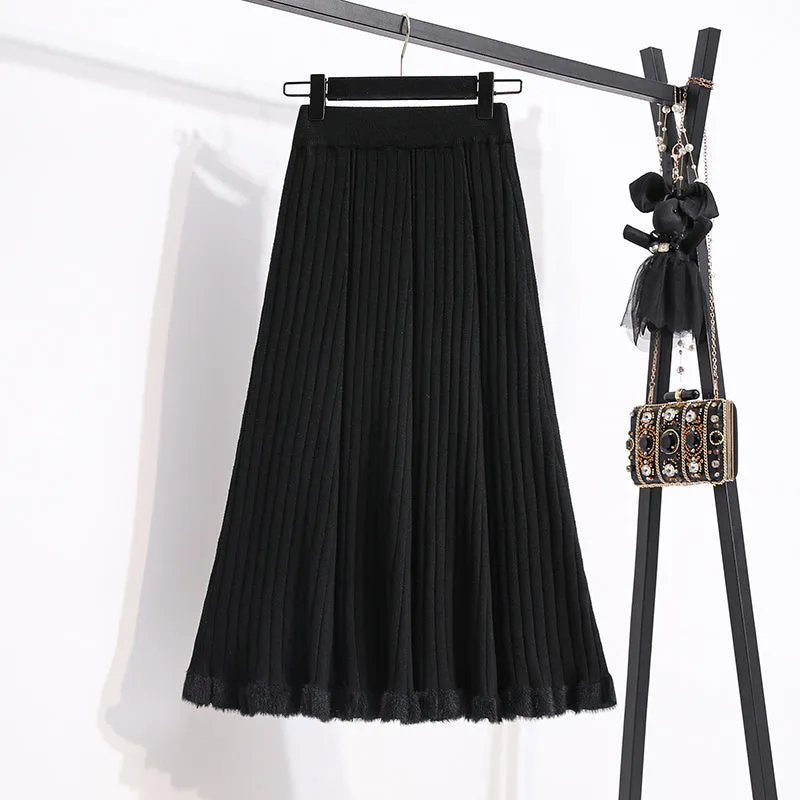 Thick Knitted Mid-Length High Waist Skirt