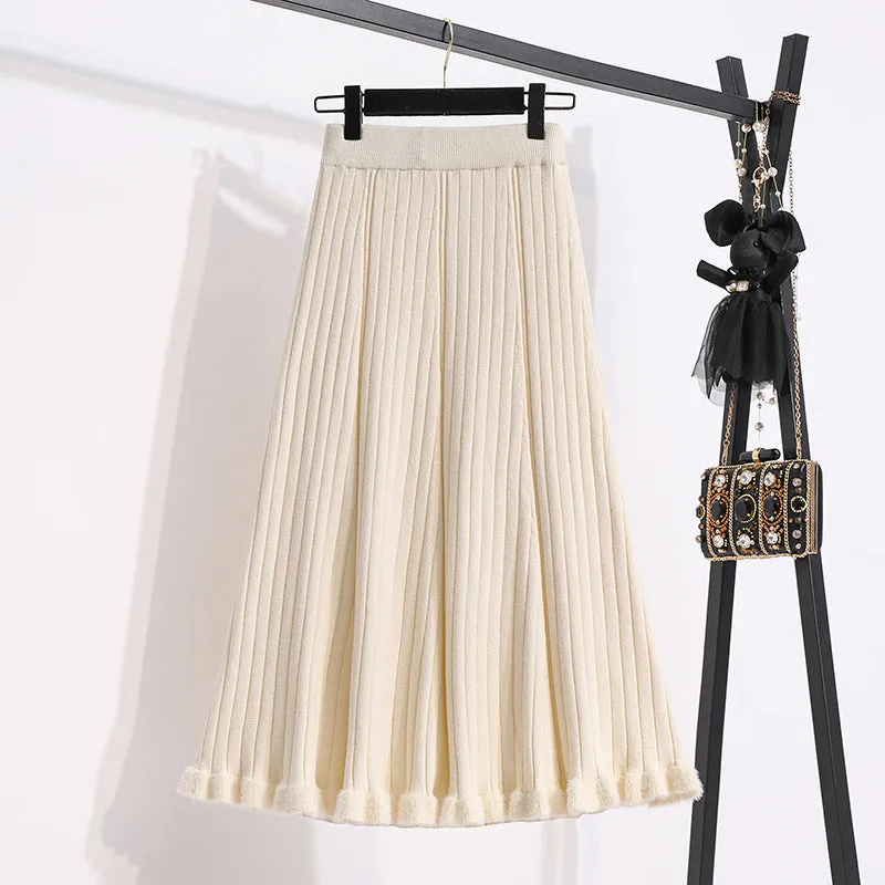 Thick Knitted Mid-Length High Waist Skirt