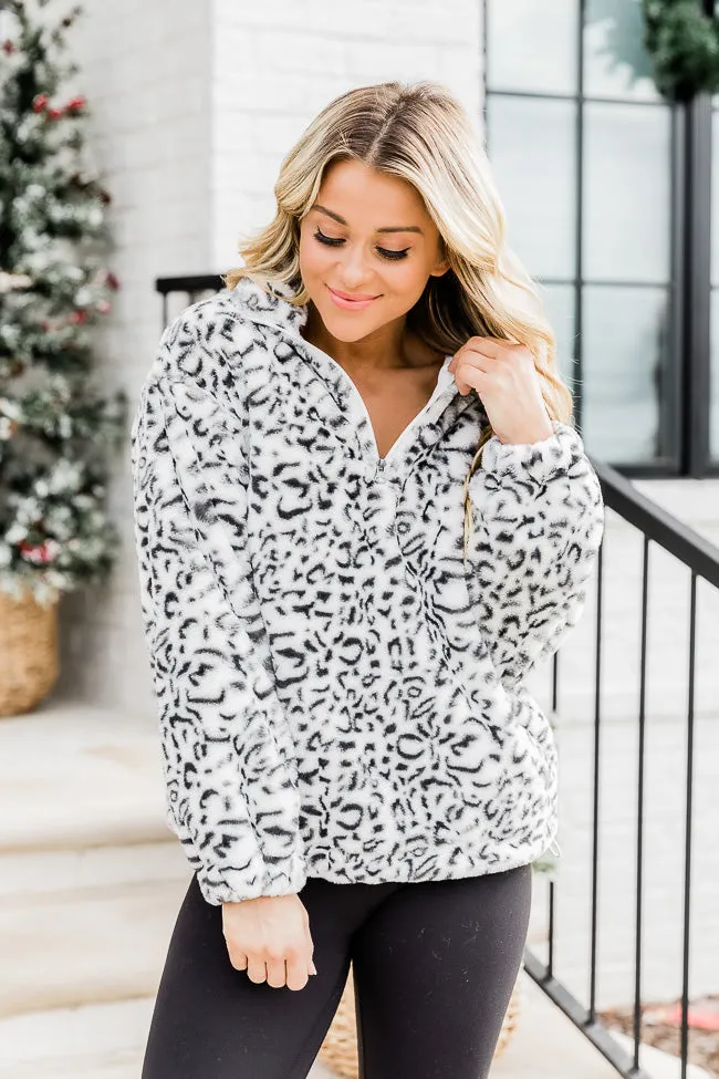 Too Much Fun Fuzzy Black And Ivory Leopard Print Quarter Zip FINAL SALE