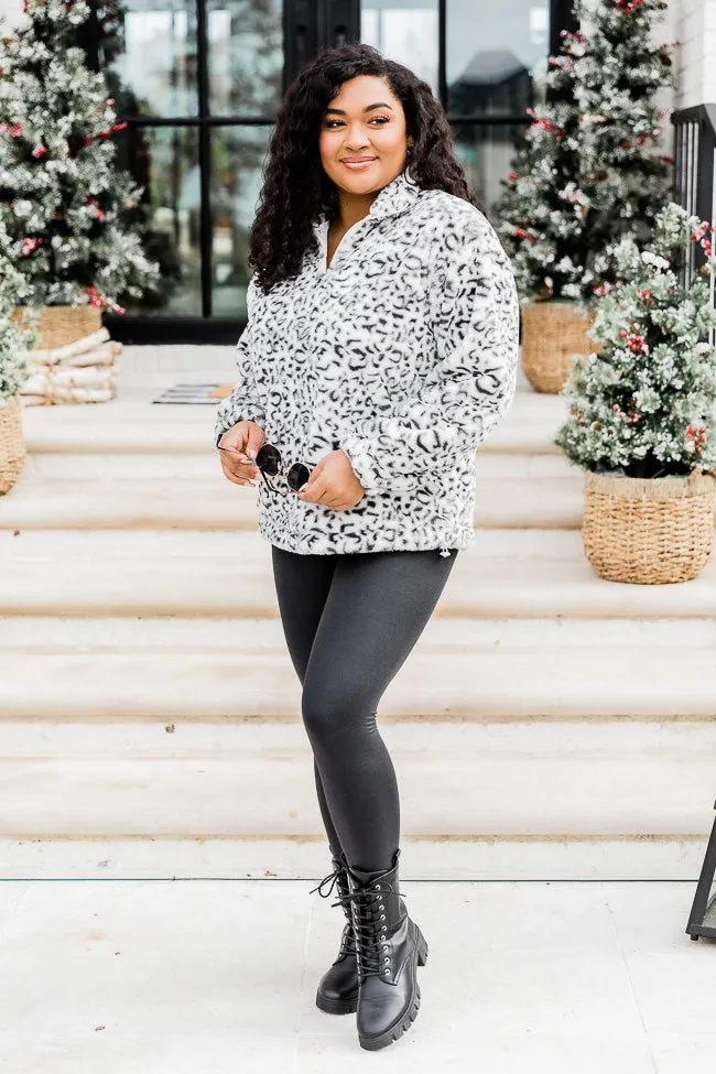 Too Much Fun Fuzzy Black And Ivory Leopard Print Quarter Zip FINAL SALE