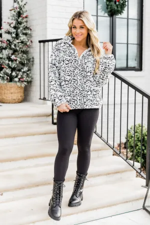 Too Much Fun Fuzzy Black And Ivory Leopard Print Quarter Zip FINAL SALE