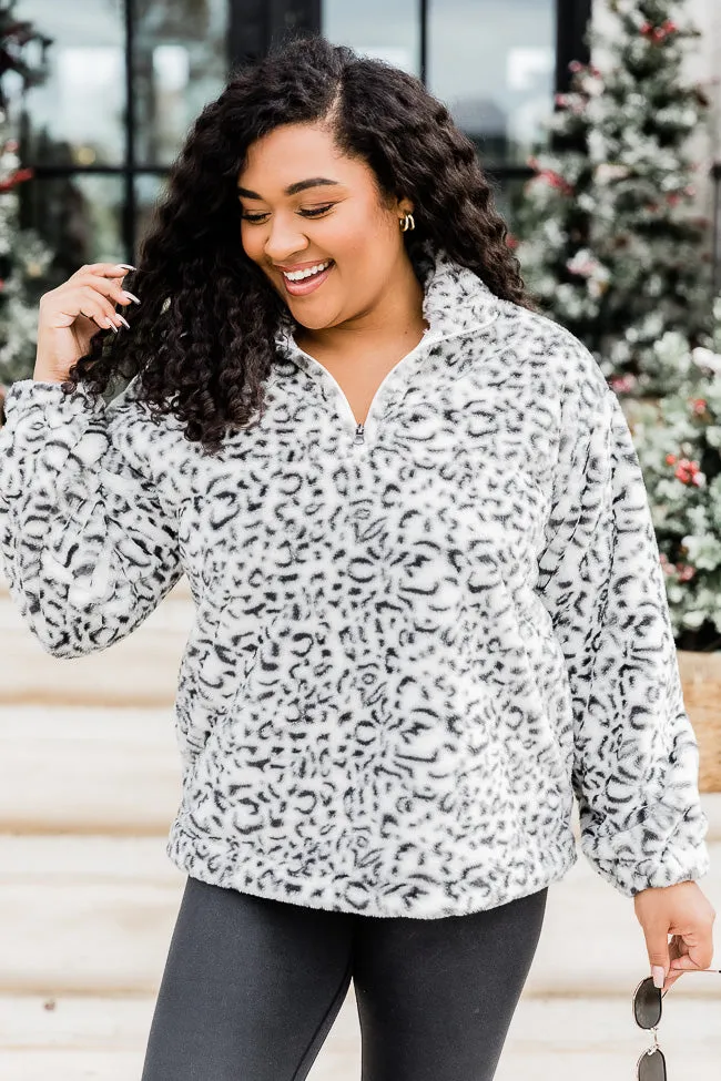 Too Much Fun Fuzzy Black And Ivory Leopard Print Quarter Zip FINAL SALE