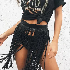 VenusFox Short Fringe Tassel Boho Faux Leather Skirts