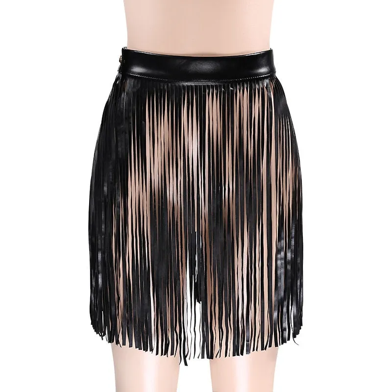 VenusFox Short Fringe Tassel Boho Faux Leather Skirts