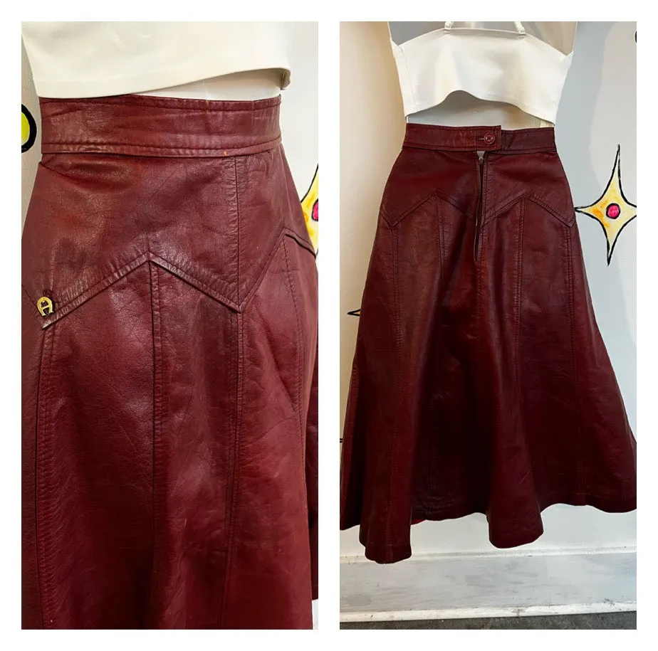 Vintage 70s | Etienne Aignes Brown Leather Boho Western Prairie Skirt | Small