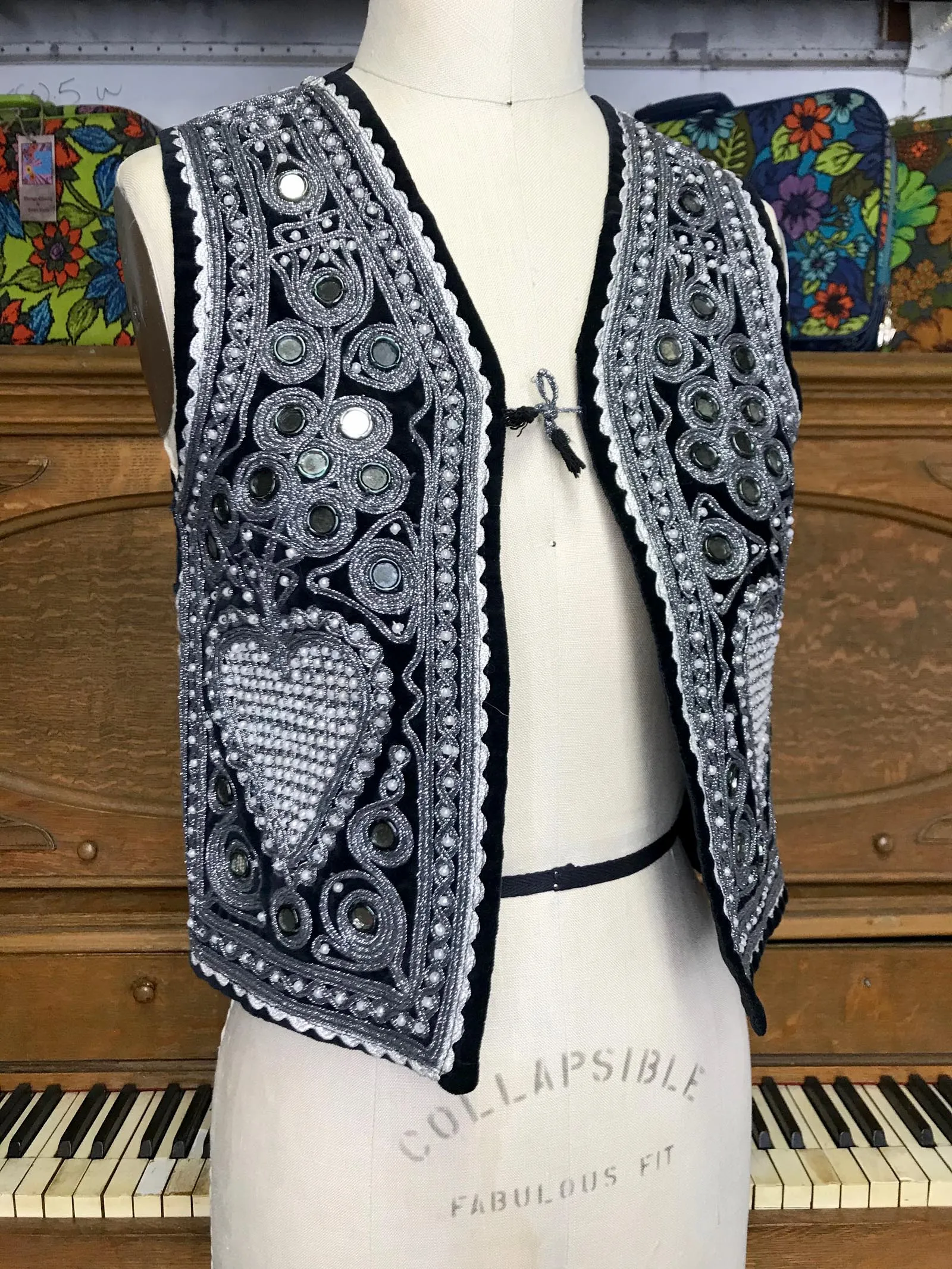 Vintage 70s | Hand Embroidered Mirrored Beaded Vest Bohemian Hippie Vest | XS