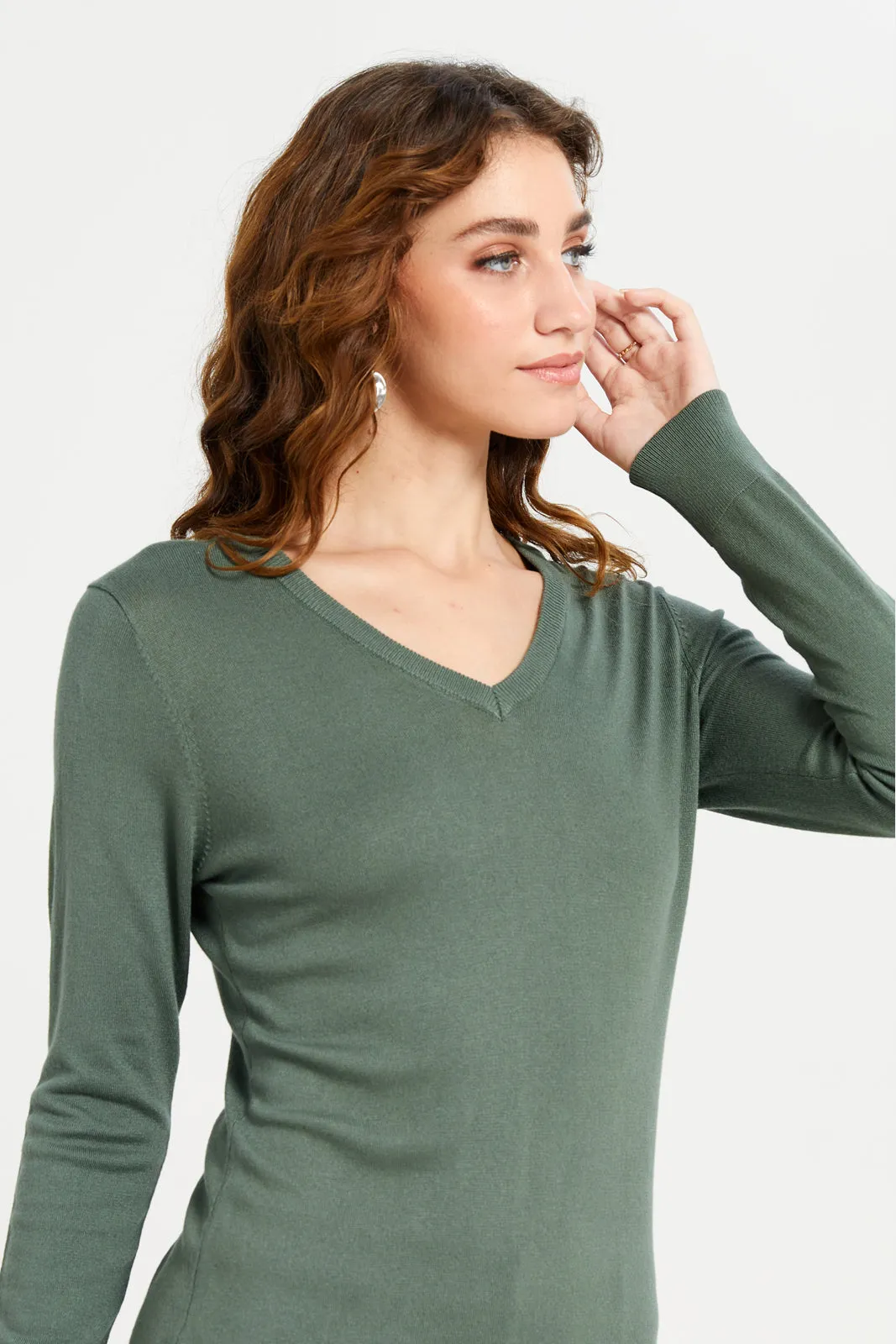 Women Olive V-Neck Pullover