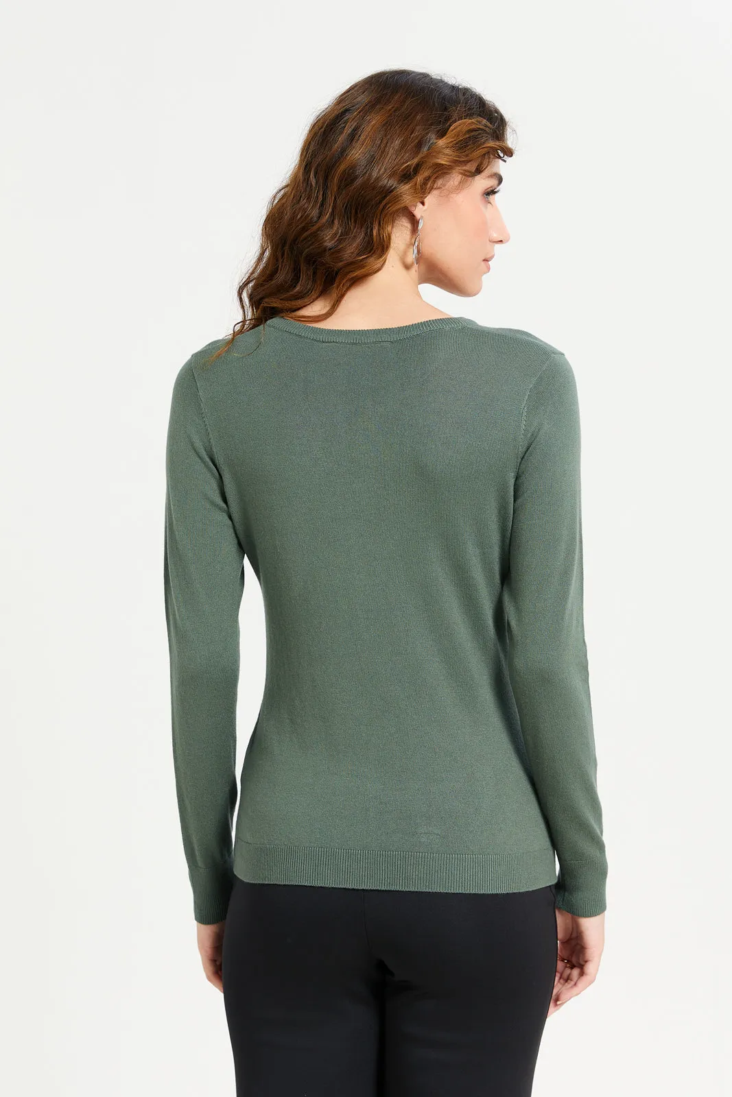 Women Olive V-Neck Pullover