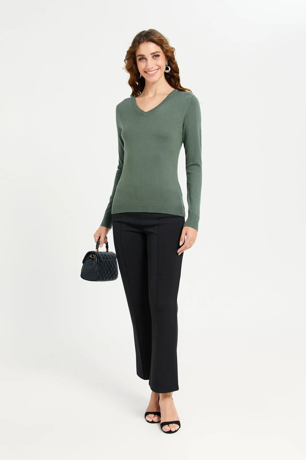 Women Olive V-Neck Pullover