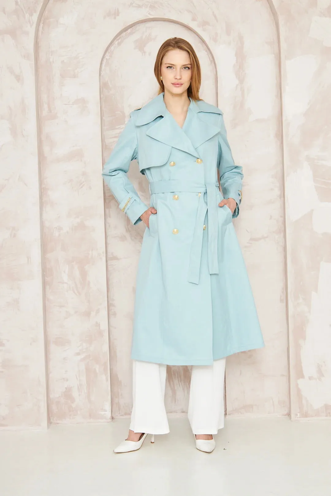 Women's Gold Button Chain Long Trench Coat Baby Blue - SCB-W12384