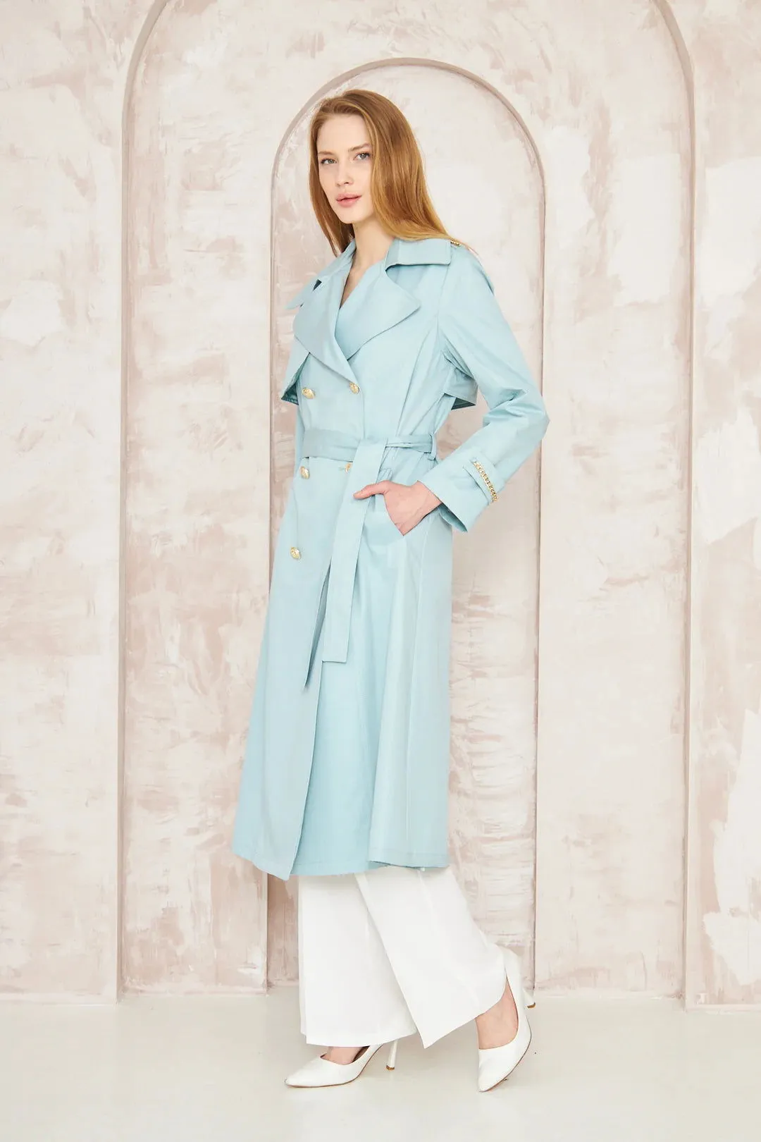 Women's Gold Button Chain Long Trench Coat Baby Blue - SCB-W12384