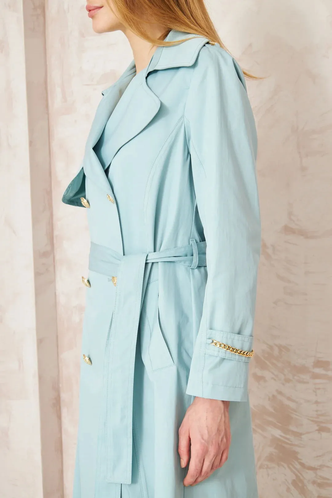 Women's Gold Button Chain Long Trench Coat Baby Blue - SCB-W12384