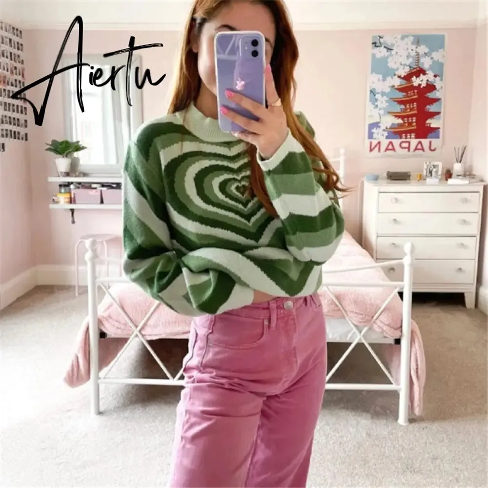 Y2K Sweater Turtleneck Aesthetics Heart Printed Casual Colorful Soft Knitted Turtleneck Pullovers Long Sleeve Knitwear Crop Tops